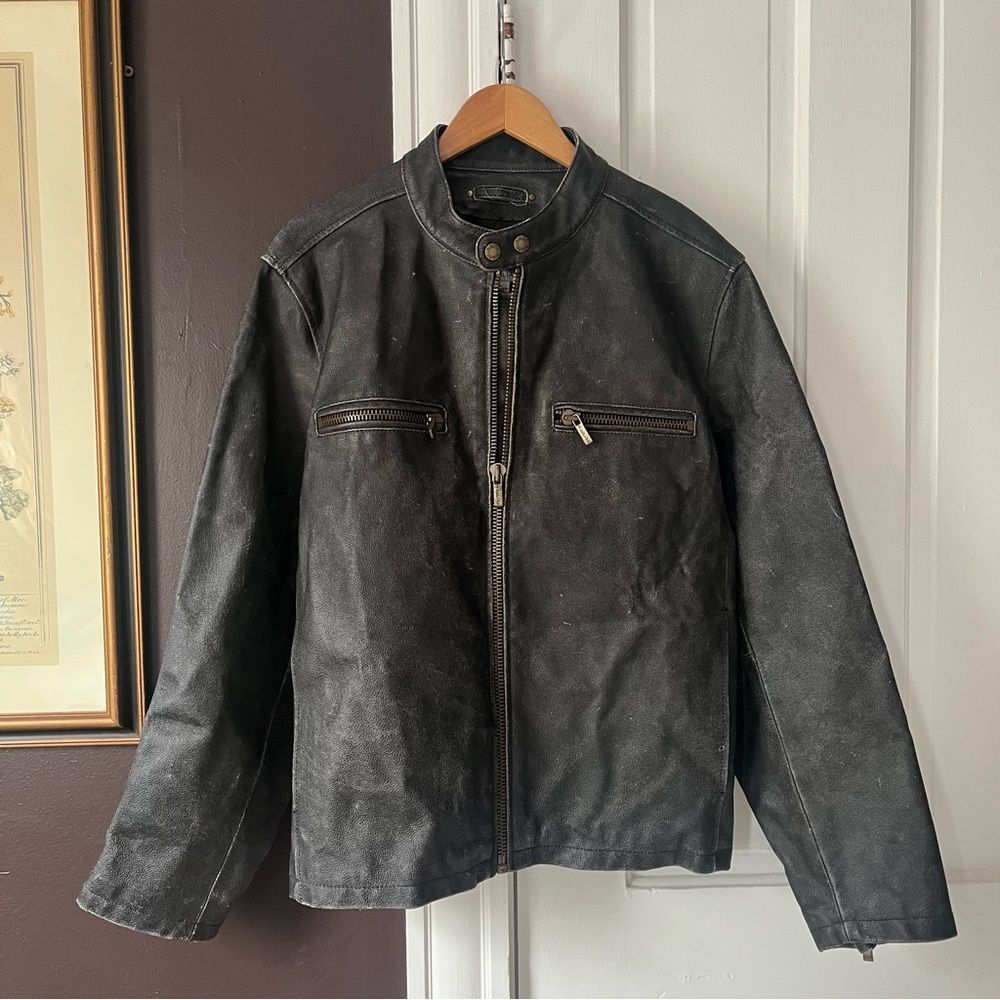Wilson’s Leather Motorcycle Jacket Faded Black Distressed Full Zip Moto Large - Picture 8 of 12